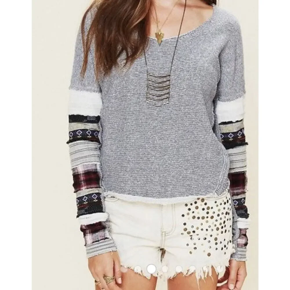 Free people patch work long Sleeve sweater women cotton top pullover XS A000234